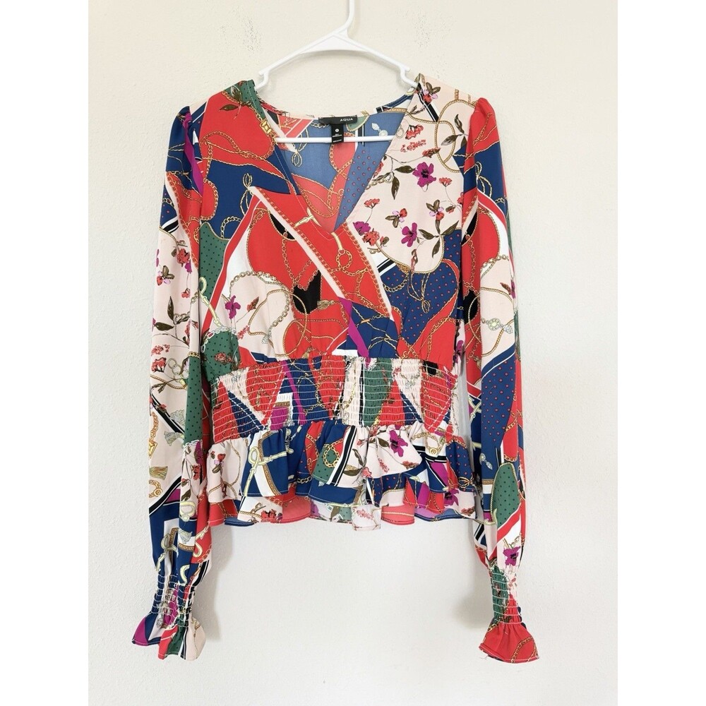 Aqua Womens Y2K Blouse Medium Eclectic Maximalist Top Romantic Scarf Print Retro